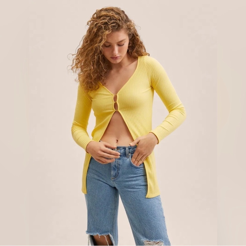 Mango Yellow Ribbed Long Sleeve Top Size Medium